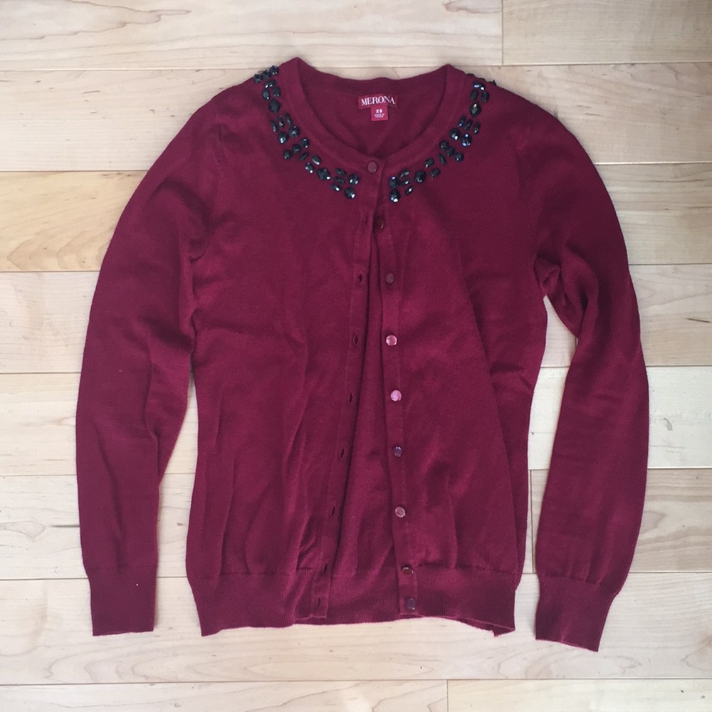 Burgandy Cardigan with black jewel detail, size XS